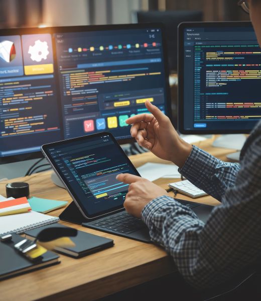 Developer Creating E-Commerce Mobile App with Code and Design on Multi-Screens